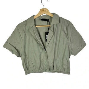 Pretty Damage Olive Green Utility Cropped Short Sleeve Button Down L